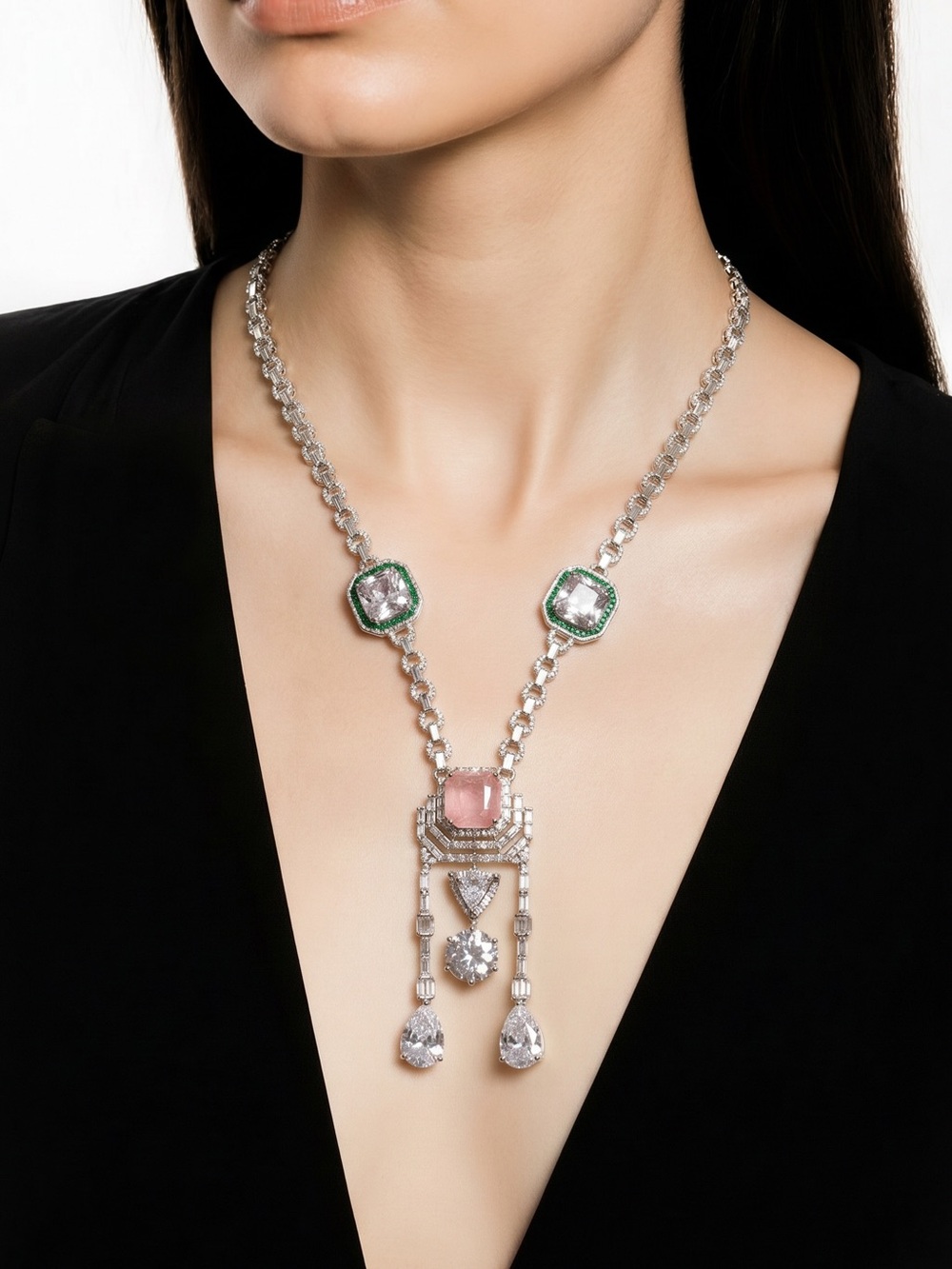 Elegant Silver tone Necklace with Pink Center and Green Accents